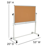 HERCULES Series 53"W x 59"H Reversible Mobile Cork Bulletin Board and White Board with Pen Tray