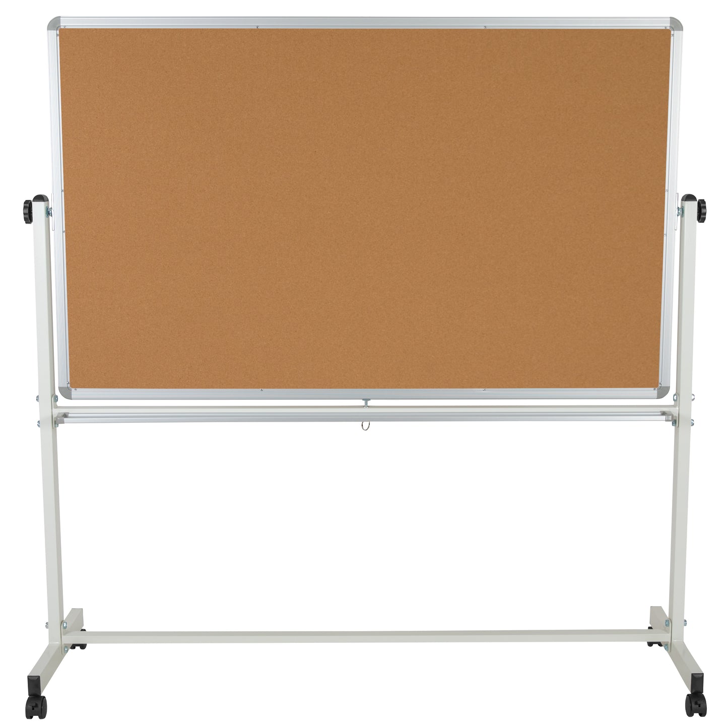 HERCULES Series 64.25"W x 64.75"H Reversible Mobile Cork Bulletin Board and White Board with Pen Tray