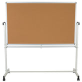 HERCULES Series 64.25"W x 64.75"H Reversible Mobile Cork Bulletin Board and White Board with Pen Tray