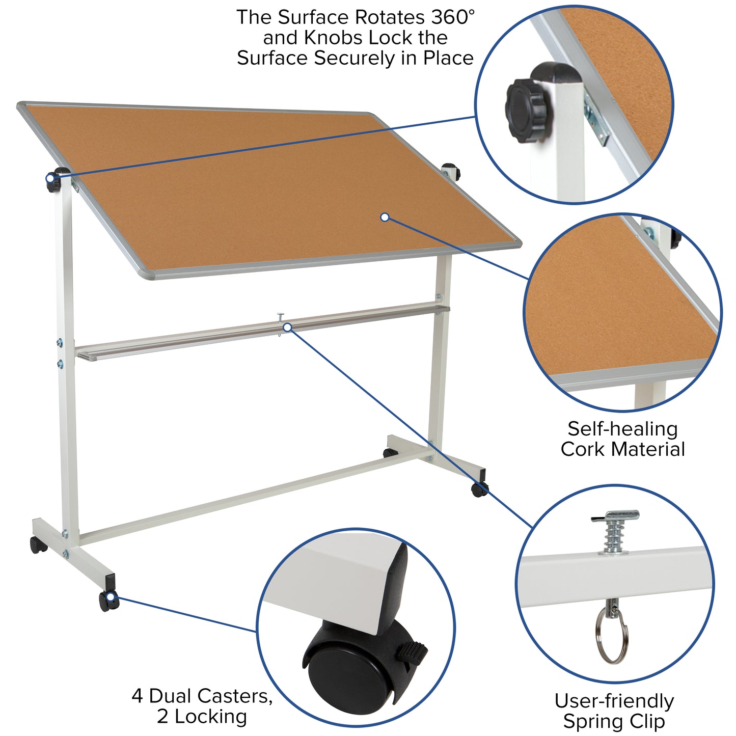 HERCULES Series 64.25"W x 64.75"H Reversible Mobile Cork Bulletin Board and White Board with Pen Tray