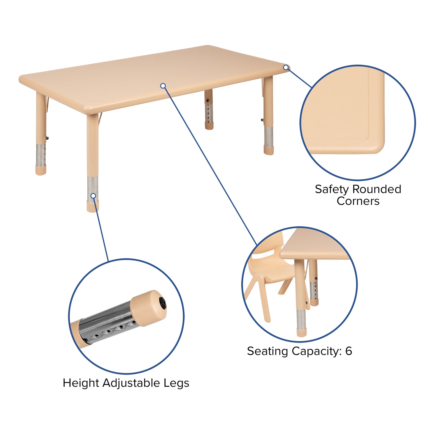 Wren 24"W x 48"L Rectangular Natural Plastic Height Adjustable Activity Table