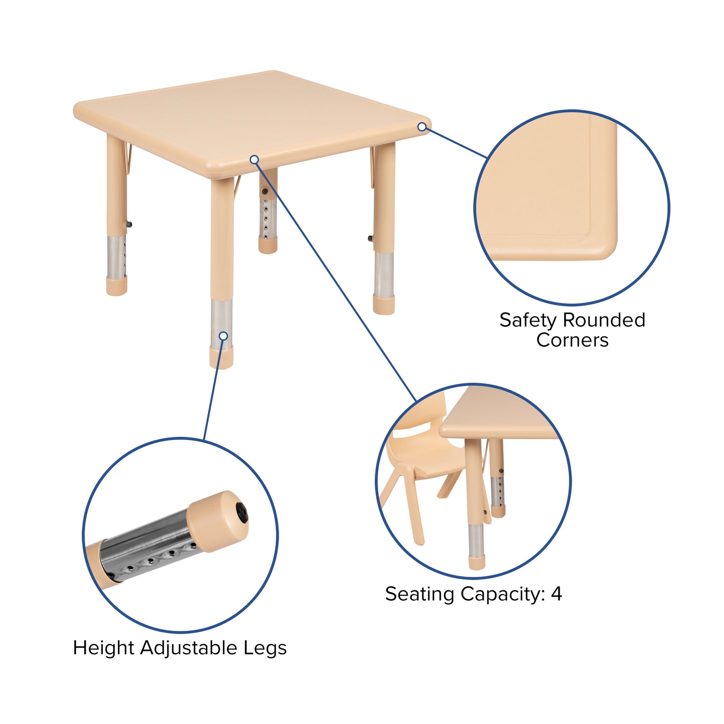 Wren 24" Square Natural Plastic Height Adjustable Activity Table