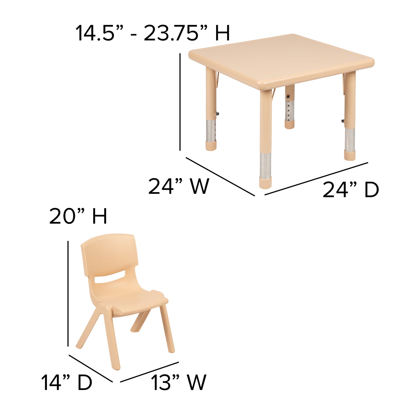 Emmy 24" Square Natural Plastic Height Adjustable Activity Table Set with 2 Chairs