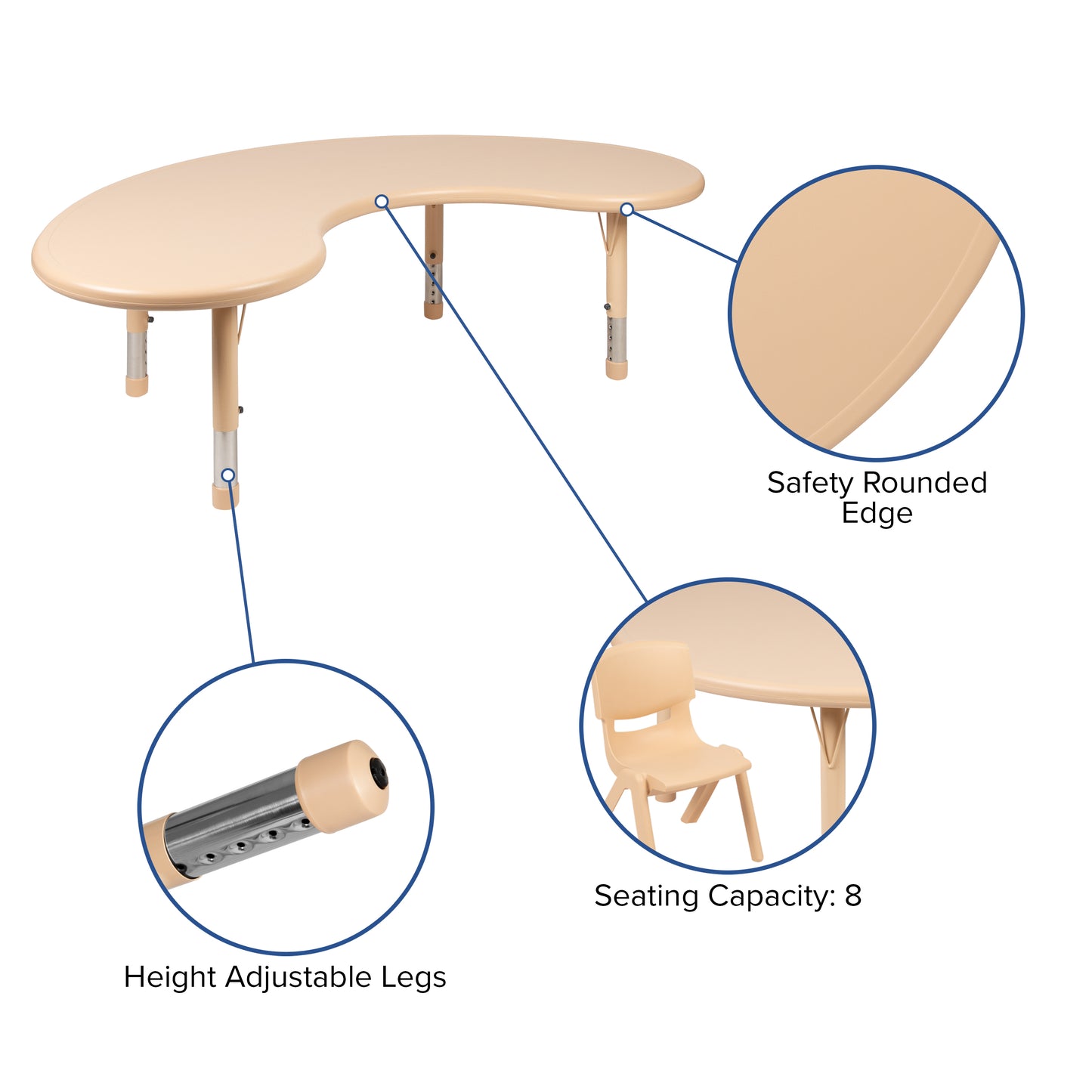 Wren 35"W x 65"L Half-Moon Natural Plastic Height Adjustable Activity Table