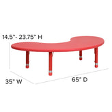 Wren 35''W x 65''L Half-Moon Red Plastic Height Adjustable Activity Table