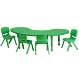 Emmy 35''W x 65''L Half-Moon Green Plastic Height Adjustable Activity Table Set with 4 Chairs