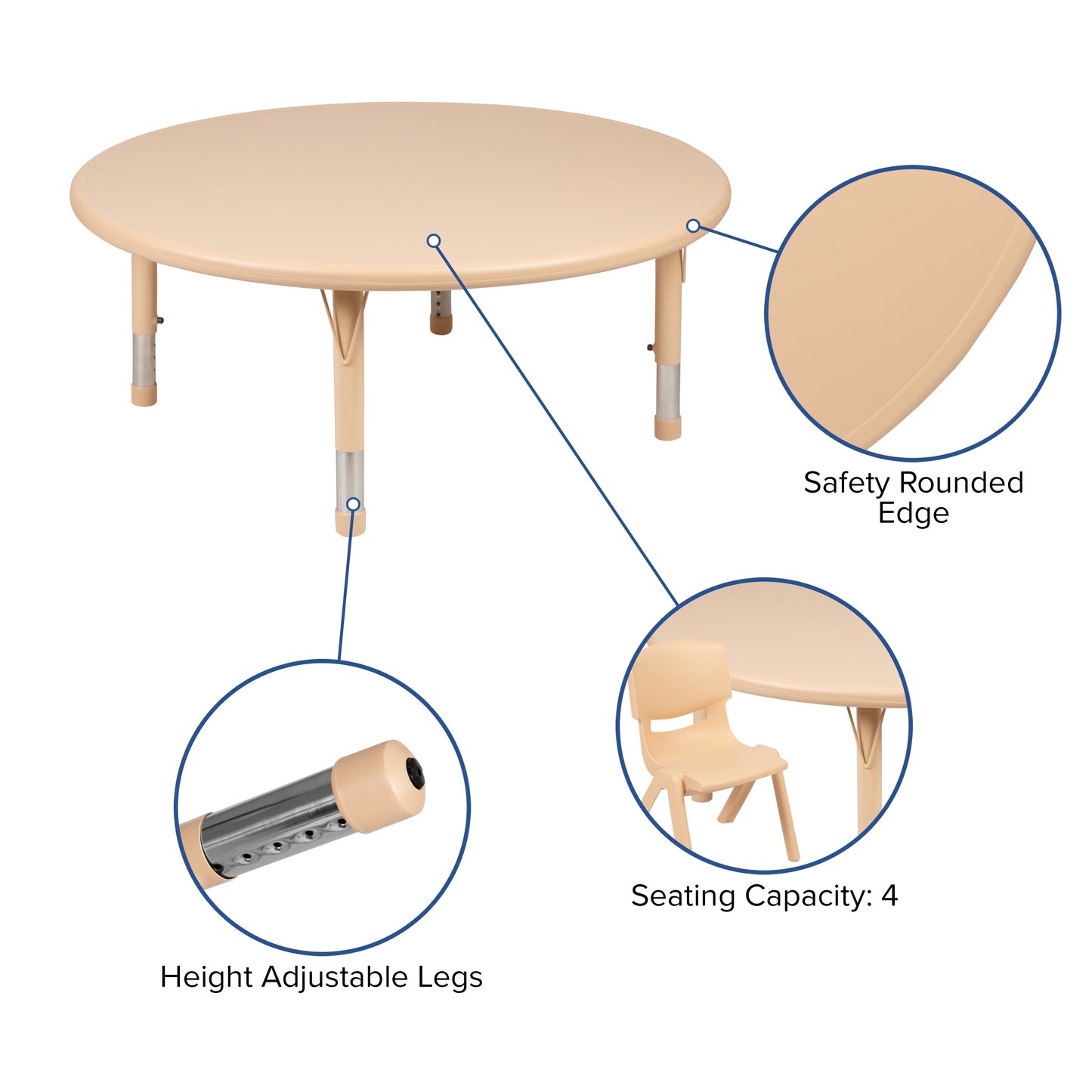 Emmy 45" Round Natural Plastic Height Adjustable Activity Table Set with 2 Chairs