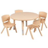 Emmy 33" Round Natural Plastic Height Adjustable Activity Table Set with 4 Chairs