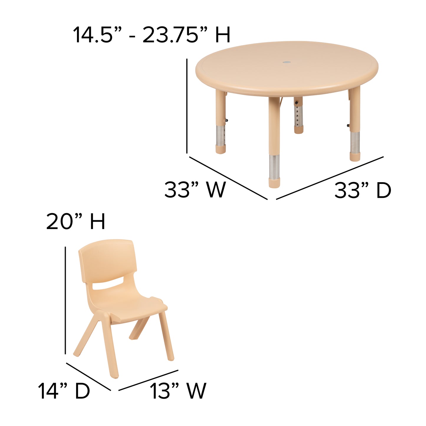 Emmy 33" Round Natural Plastic Height Adjustable Activity Table Set with 2 Chairs