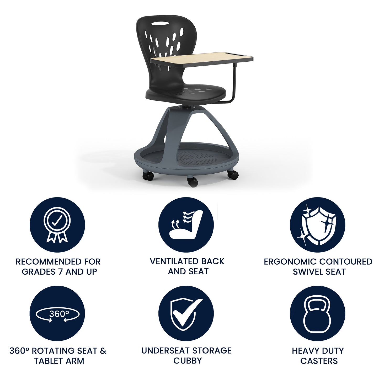 Laikyn Black Mobile Desk Chair with 360 Degree Tablet Rotation and Under Seat Storage Cubby