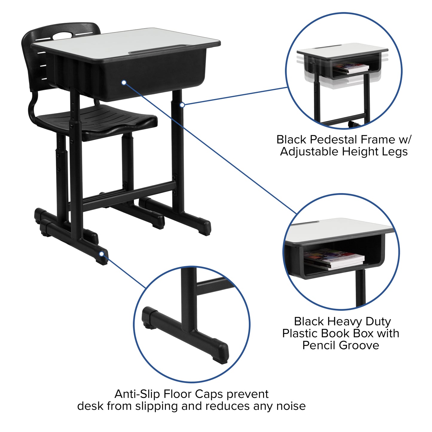 Nila Adjustable Height Student Desk and Chair with Black Pedestal Frame