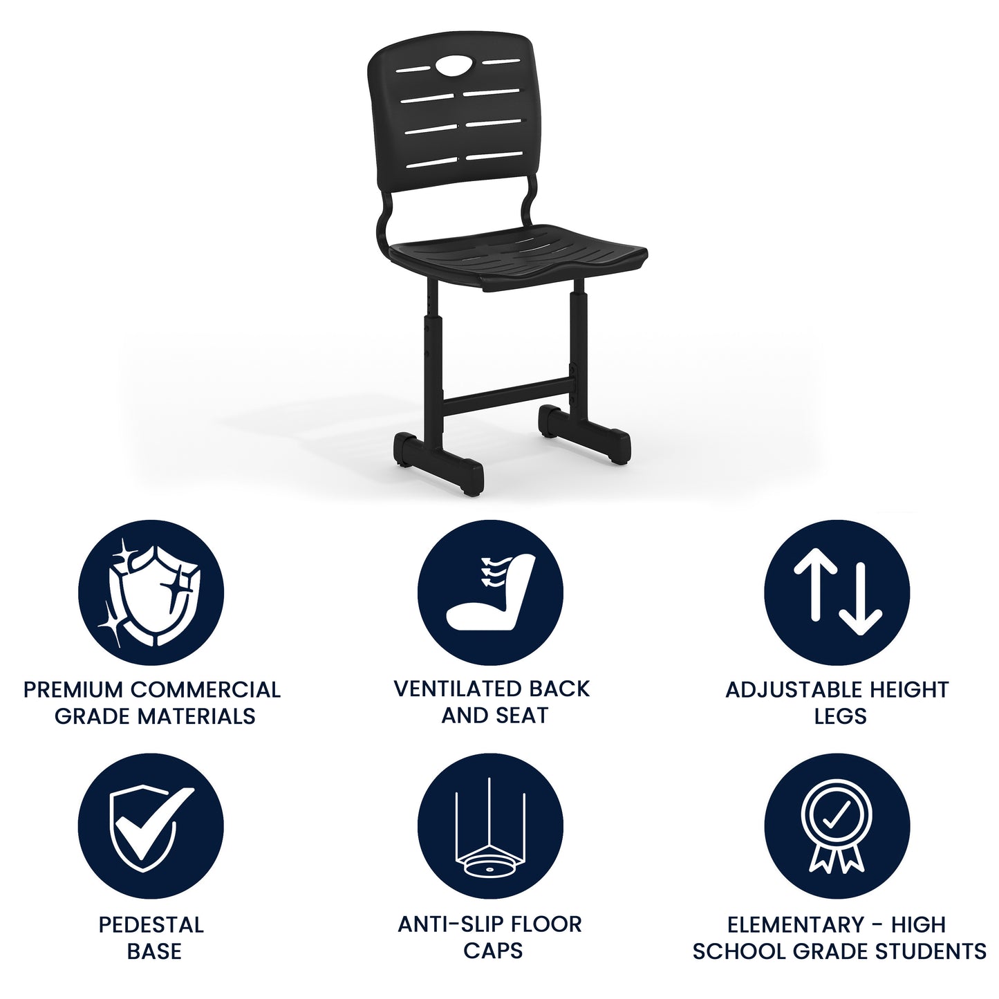 Nila Adjustable Height Black Student Chair with Black Pedestal Frame for School, Classroom, Remote Learning