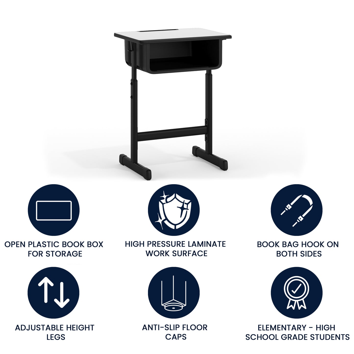 Billie Student Desk with Grey Top and Adjustable Height Black Pedestal Frame