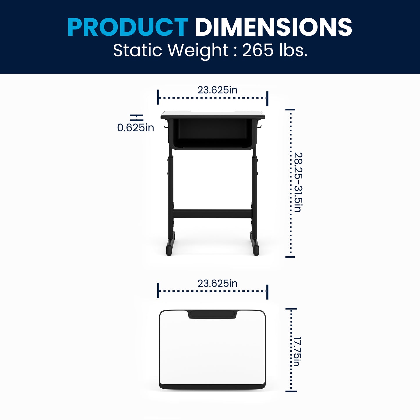 Billie Student Desk with Grey Top and Adjustable Height Black Pedestal Frame
