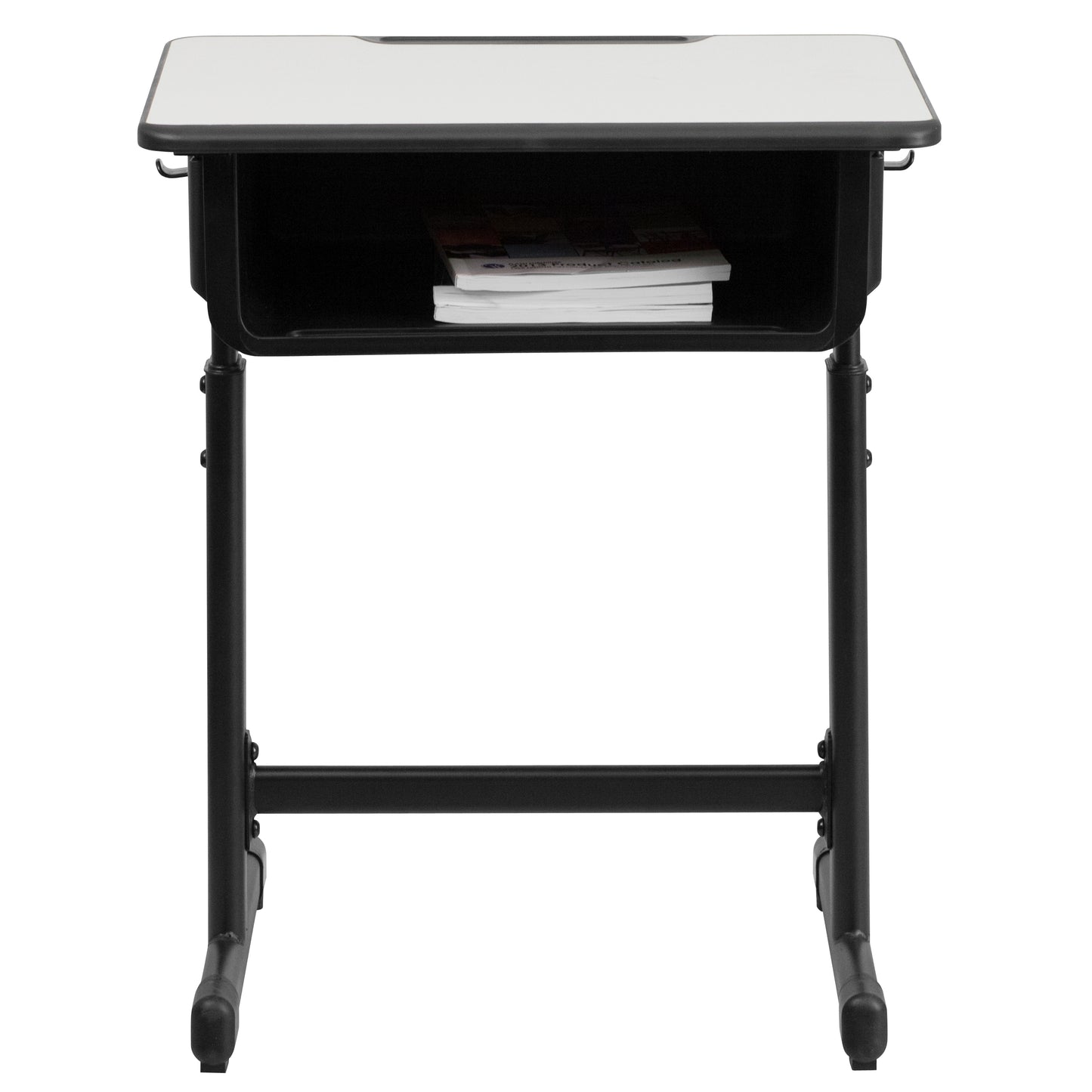 Billie Student Desk with Grey Top and Adjustable Height Black Pedestal Frame