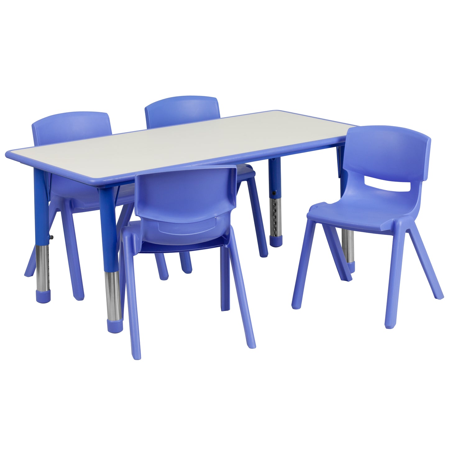 Emmy Adjustable Kids Activity Table Set – 23.6" x 47.25" Blue/Gray Plastic Table with 4 Blue Chairs – Classroom & Daycare Table for Toddlers & Kids