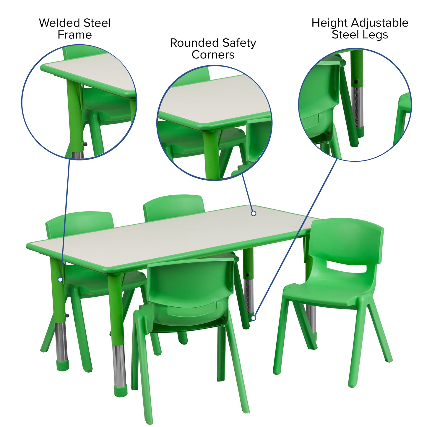 Emmy Adjustable Kids Activity Table Set – 23.6" x 47.25" Green/Gray Plastic Table with 4 Green Chairs – Classroom & Daycare Table for Toddlers & Kids