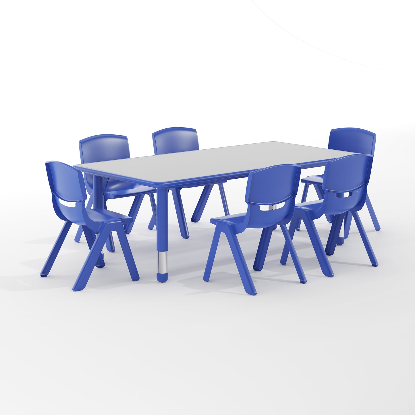 Emmy Adjustable Kids Activity Table Set – 23.6" x 47.25" Blue/Gray Plastic Table with 6 Blue Chairs – Classroom & Daycare Table for Toddlers & Kids
