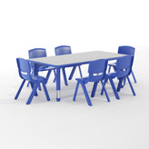 Emmy Adjustable Kids Activity Table Set – 23.6" x 47.25" Blue/Gray Plastic Table with 6 Blue Chairs – Classroom & Daycare Table for Toddlers & Kids