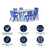 Emmy Adjustable Kids Activity Table Set – 23.6" x 47.25" Blue/Gray Plastic Table with 6 Blue Chairs – Classroom & Daycare Table for Toddlers & Kids
