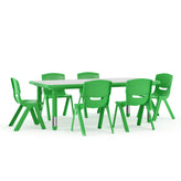Emmy Adjustable Kids Activity Table Set – 23.6" x 47.25" Green/Gray Plastic Table with 6 Green Chairs – Classroom & Daycare Table for Toddlers & Kids