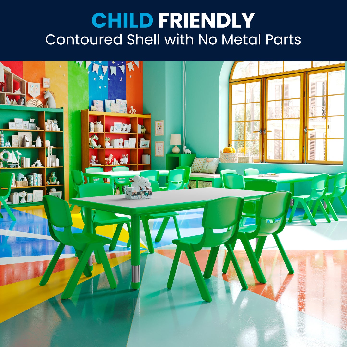 Emmy Adjustable Kids Activity Table Set – 23.6" x 47.25" Green/Gray Plastic Table with 6 Green Chairs – Classroom & Daycare Table for Toddlers & Kids