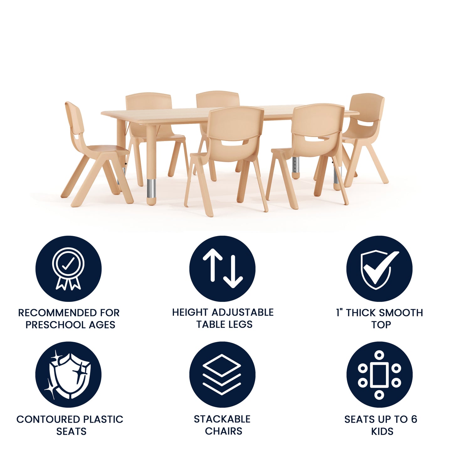 Emmy Adjustable Kids Activity Table Set – 23.6" x 47.25" Natural Plastic Table with 6 Natural Chairs – Classroom & Daycare Table for Toddlers & Kids