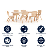 Emmy Adjustable Kids Activity Table Set – 23.6" x 47.25" Natural Plastic Table with 6 Natural Chairs – Classroom & Daycare Table for Toddlers & Kids