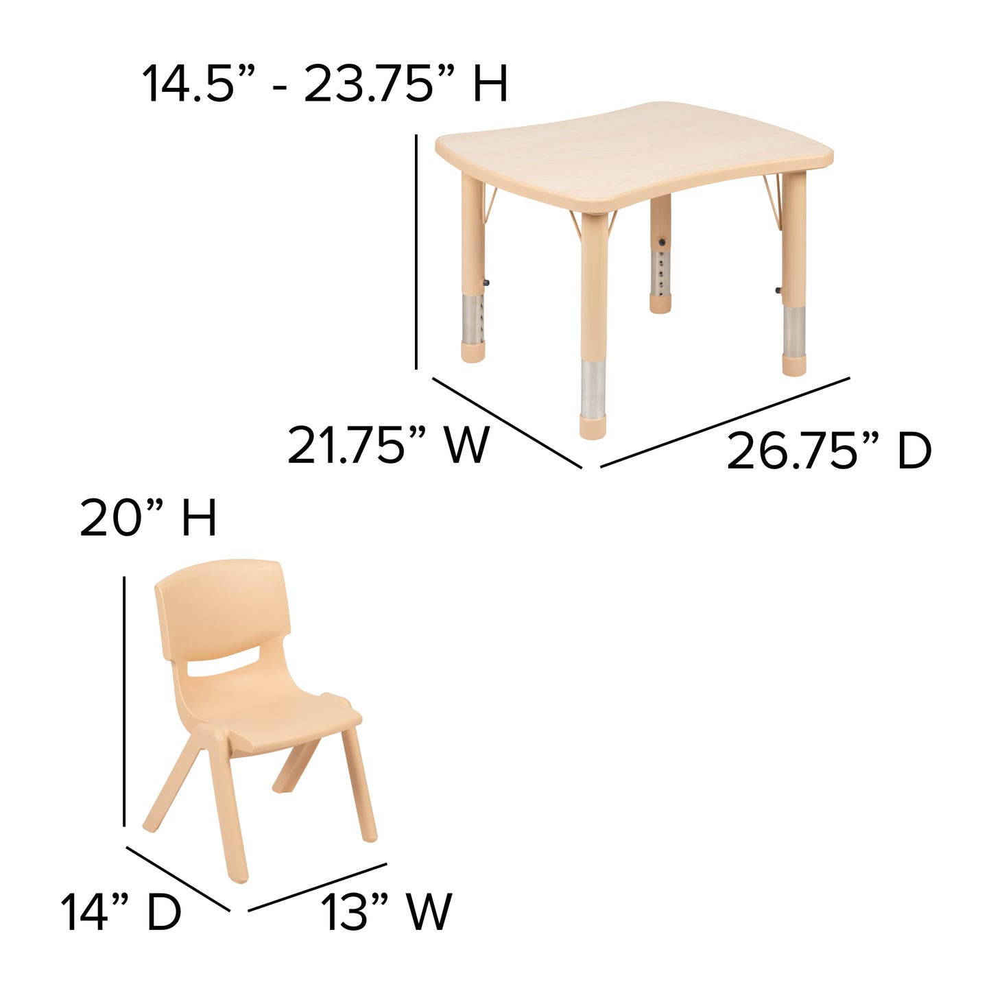 Emmy 21.875"W x 26.625"L Rectangular Natural Plastic Height Adjustable Activity Table Set with 4 Chairs
