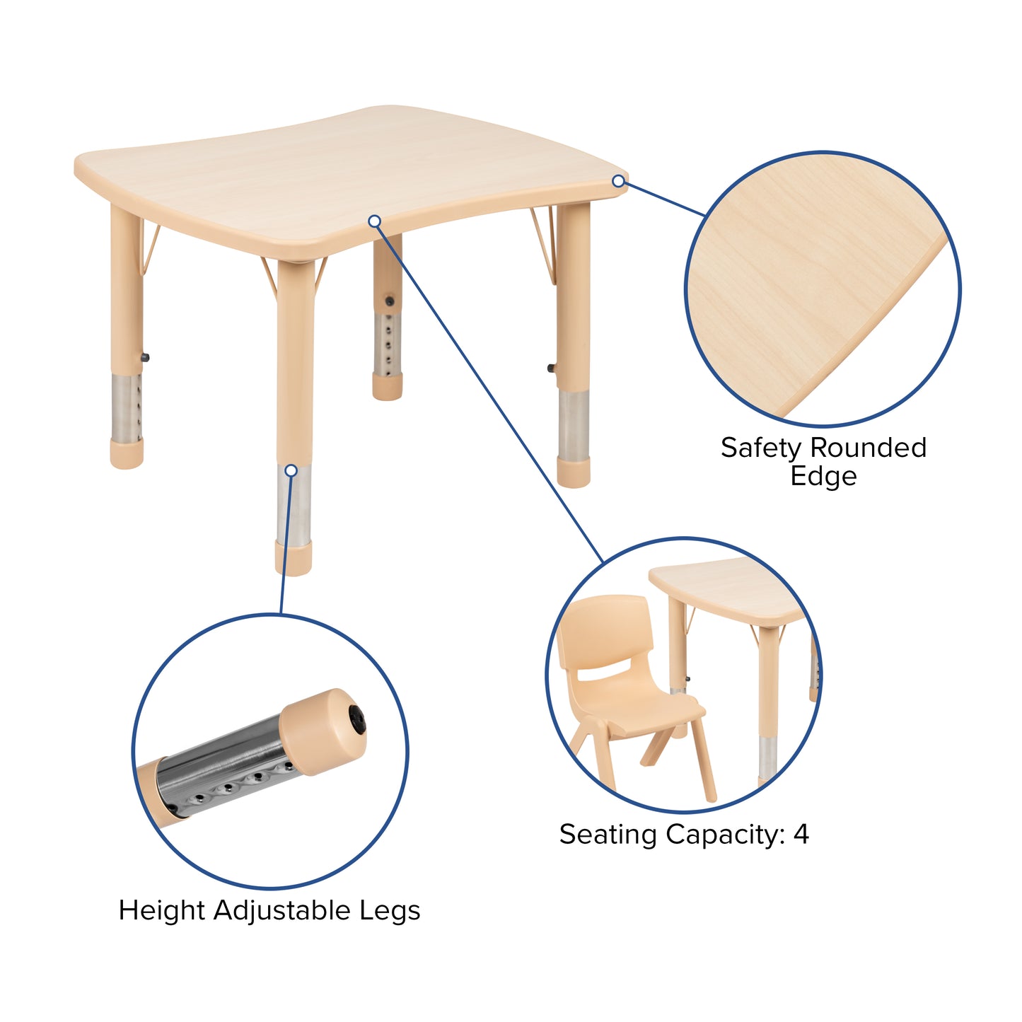 Emmy 21.875"W x 26.625"L Rectangular Natural Plastic Height Adjustable Activity Table Set with 4 Chairs