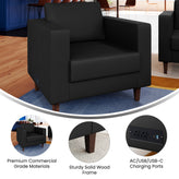 HERCULES Artemis Black LeatherSoft Reception Chair with 2 AC Outlets/1 USB/1 USB-C Ports and Solid Wood Walnut Legs with Adjustable Floor Glides