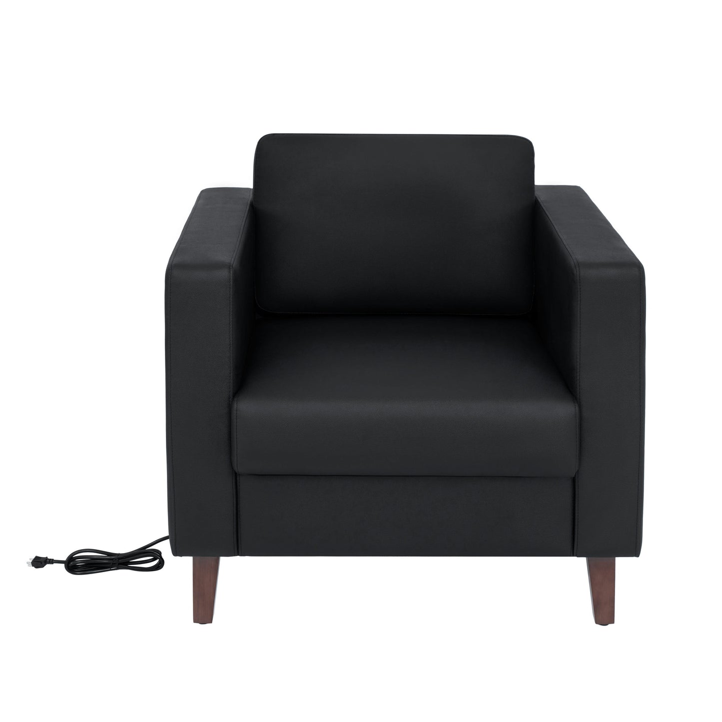 HERCULES Artemis Black LeatherSoft Reception Chair with 2 AC Outlets/1 USB/1 USB-C Ports and Solid Wood Walnut Legs with Adjustable Floor Glides