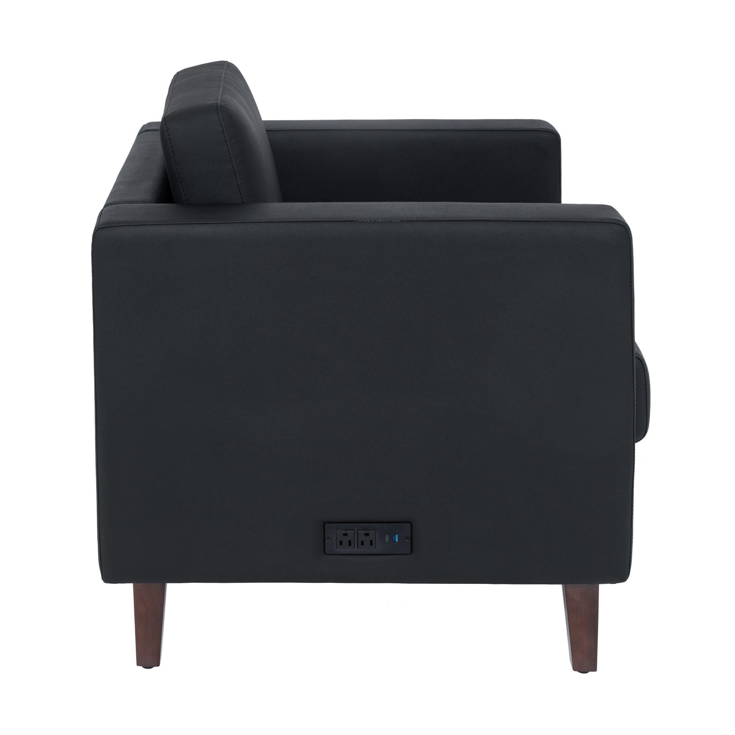 HERCULES Artemis Black LeatherSoft Reception Chair with 2 AC Outlets/1 USB/1 USB-C Ports and Solid Wood Walnut Legs with Adjustable Floor Glides