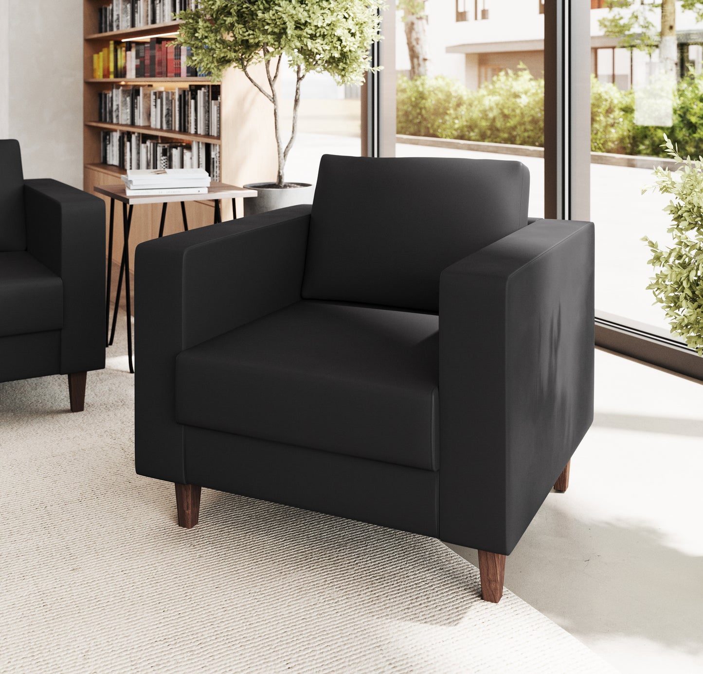 HERCULES Artemis Black LeatherSoft Reception Chair with 2 AC Outlets/1 USB/1 USB-C Ports and Solid Wood Walnut Legs with Adjustable Floor Glides