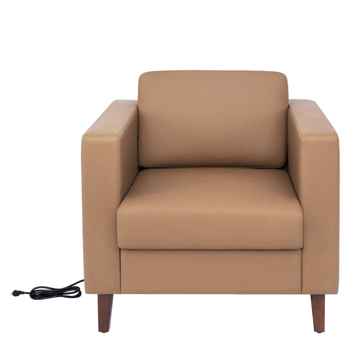 HERCULES Artemis 3 Piece Cognac LeatherSoft Sofa and 2 Chair Set, 8 AC Outlets/4 USB/4 USB-C Ports, Solid Wood Walnut Legs with Adjustable Glides