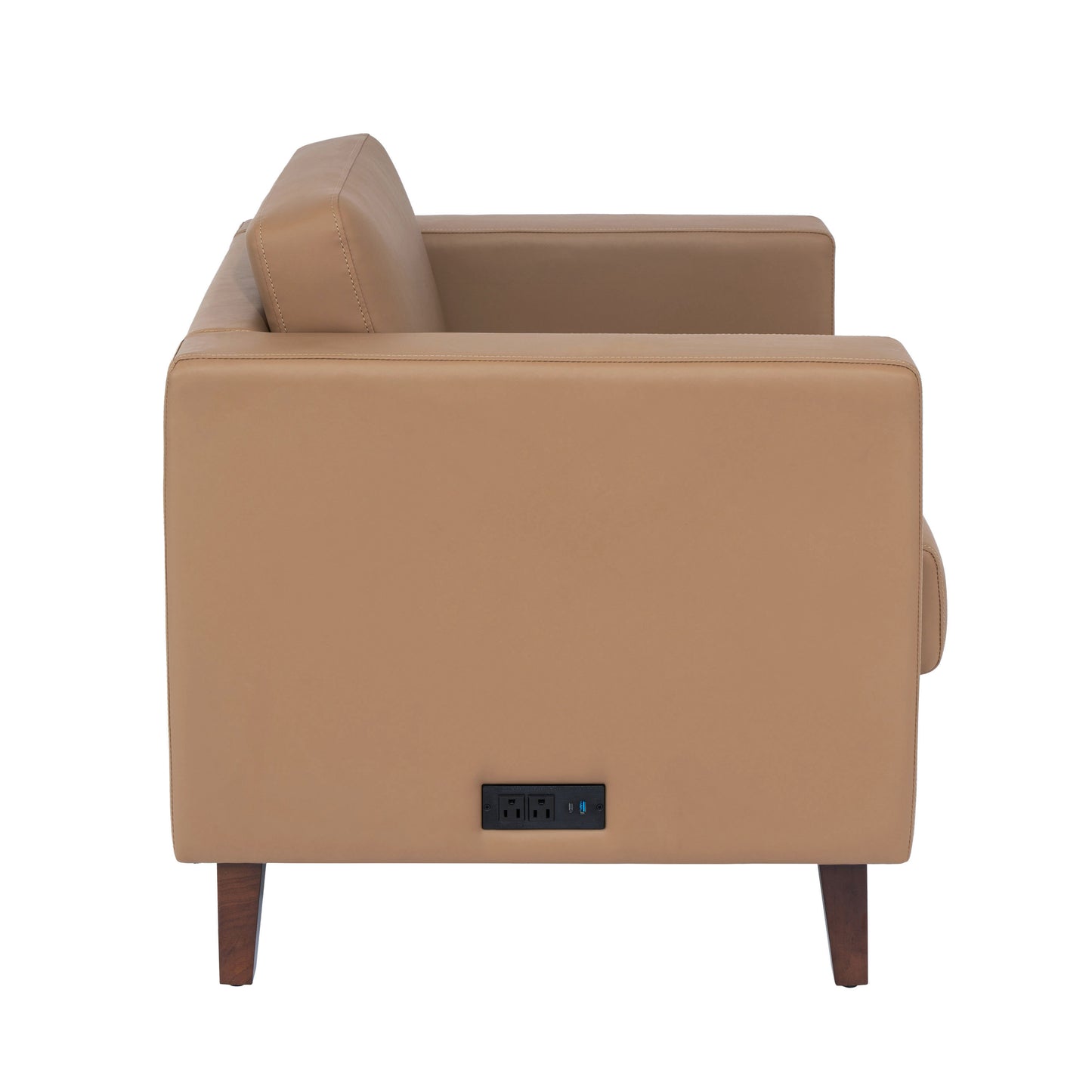 HERCULES Artemis 3 Piece Cognac LeatherSoft Reception Set, 8 AC Outlets/4 USB/4 USB-C Ports and Solid Walnut Wood Legs with Adjustable Floor Glides