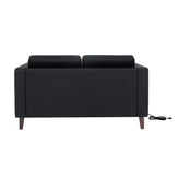 HERCULES Artemis Black LeatherSoft Reception Loveseat with 2 AC Outlets/1 USB/1 USB-C Ports and Solid Wood Walnut Legs with Adjustable Floor Glides