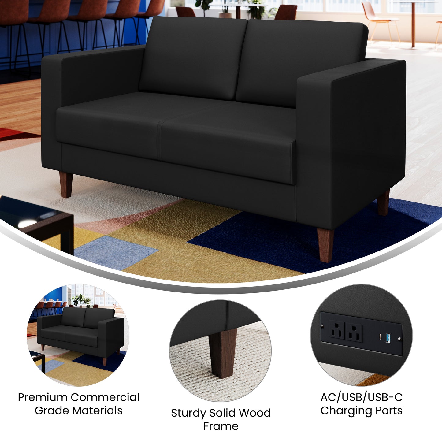 HERCULES Artemis Black LeatherSoft Reception Loveseat with 2 AC Outlets/1 USB/1 USB-C Ports and Solid Wood Walnut Legs with Adjustable Floor Glides