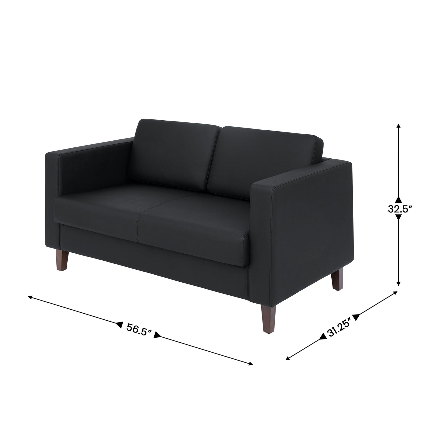 HERCULES Artemis Black LeatherSoft Reception Loveseat with 2 AC Outlets/1 USB/1 USB-C Ports and Solid Wood Walnut Legs with Adjustable Floor Glides