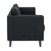 HERCULES Artemis Black LeatherSoft Reception Loveseat with 2 AC Outlets/1 USB/1 USB-C Ports and Solid Wood Walnut Legs with Adjustable Floor Glides