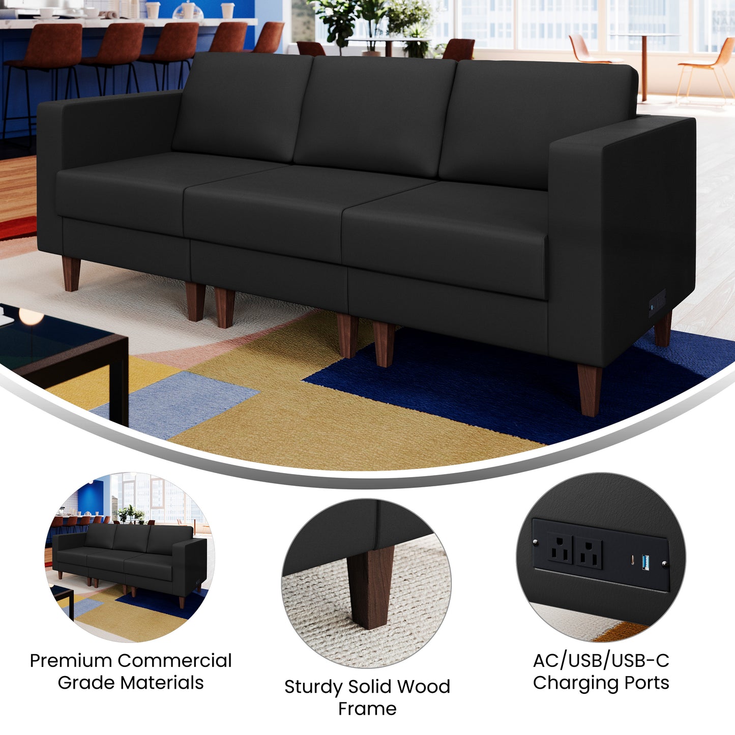 HERCULES Artemis Black LeatherSoft Reception Sofa with 4 AC Outlets/2 USB/2 USB-C Ports and Solid Wood Walnut Legs with Adjustable Floor Glides