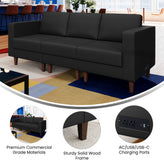 HERCULES Artemis Black LeatherSoft Reception Sofa with 4 AC Outlets/2 USB/2 USB-C Ports and Solid Wood Walnut Legs with Adjustable Floor Glides