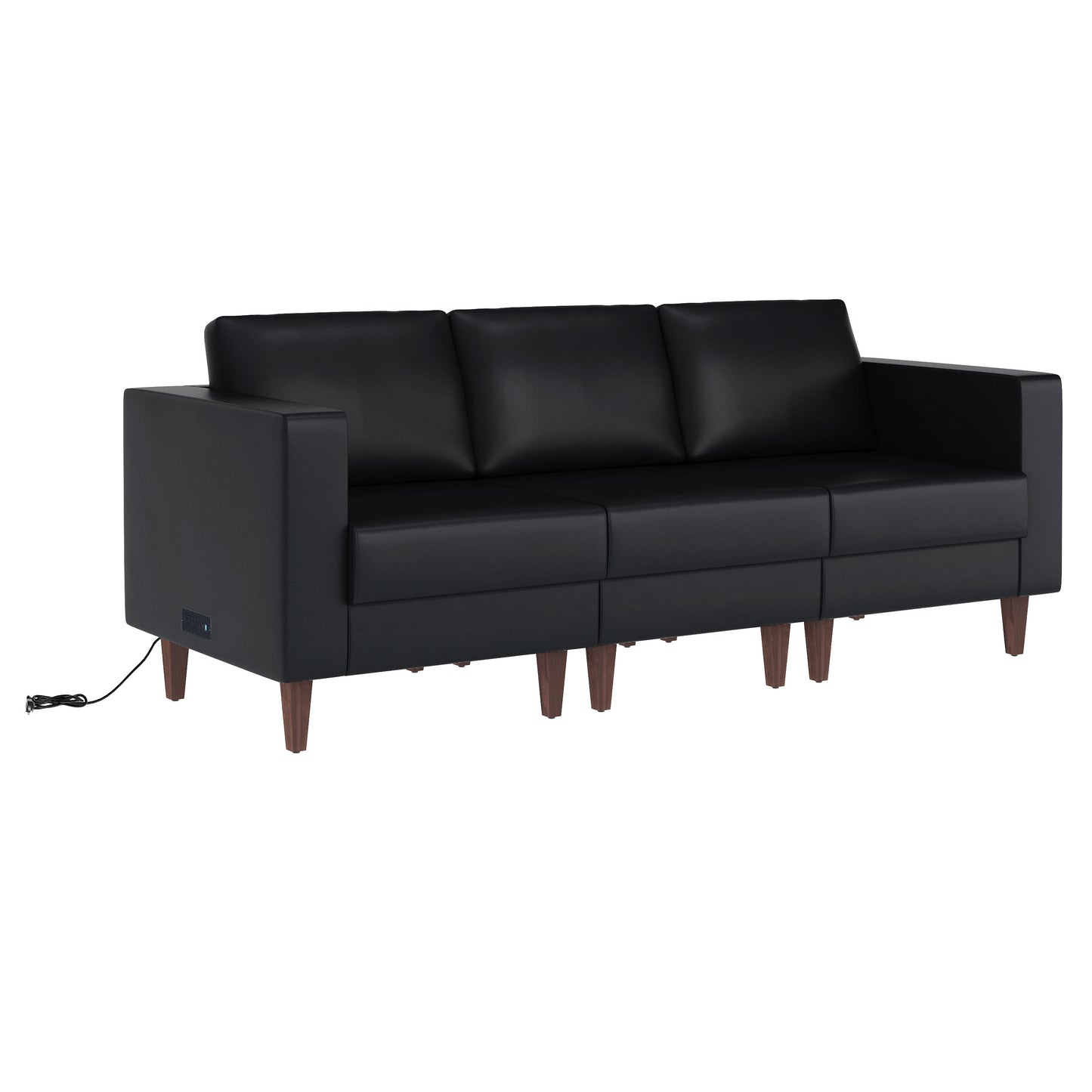 HERCULES Artemis Black LeatherSoft Reception Sofa with 4 AC Outlets/2 USB/2 USB-C Ports and Solid Wood Walnut Legs with Adjustable Floor Glides