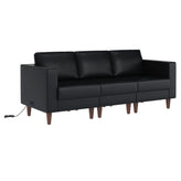 HERCULES Artemis Black LeatherSoft Reception Sofa with 4 AC Outlets/2 USB/2 USB-C Ports and Solid Wood Walnut Legs with Adjustable Floor Glides