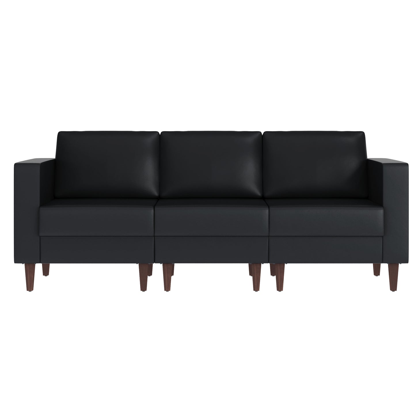 HERCULES Artemis Black LeatherSoft Reception Sofa with 4 AC Outlets/2 USB/2 USB-C Ports and Solid Wood Walnut Legs with Adjustable Floor Glides