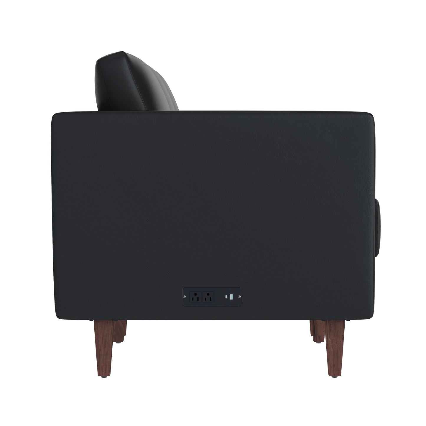 HERCULES Artemis Black LeatherSoft Reception Sofa with 4 AC Outlets/2 USB/2 USB-C Ports and Solid Wood Walnut Legs with Adjustable Floor Glides