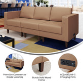 HERCULES Artemis Cognac LeatherSoft Reception Sofa with 4 AC Outlets/2 USB/2 USB-C Ports and Solid Wood Walnut Legs with Adjustable Floor Glides