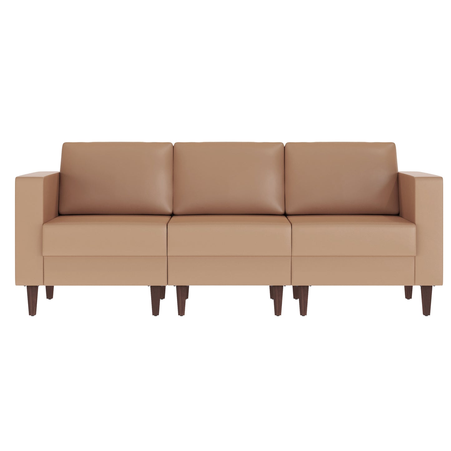 HERCULES Artemis Cognac LeatherSoft Reception Sofa with 4 AC Outlets/2 USB/2 USB-C Ports and Solid Wood Walnut Legs with Adjustable Floor Glides