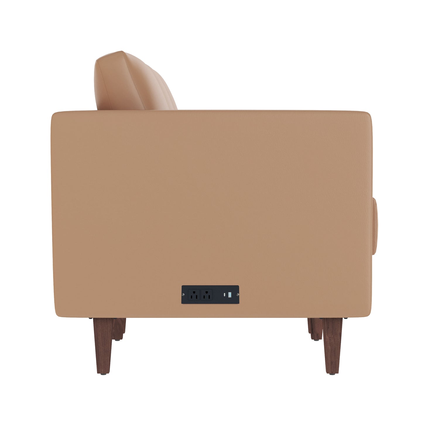 HERCULES Artemis Cognac LeatherSoft Reception Sofa with 4 AC Outlets/2 USB/2 USB-C Ports and Solid Wood Walnut Legs with Adjustable Floor Glides