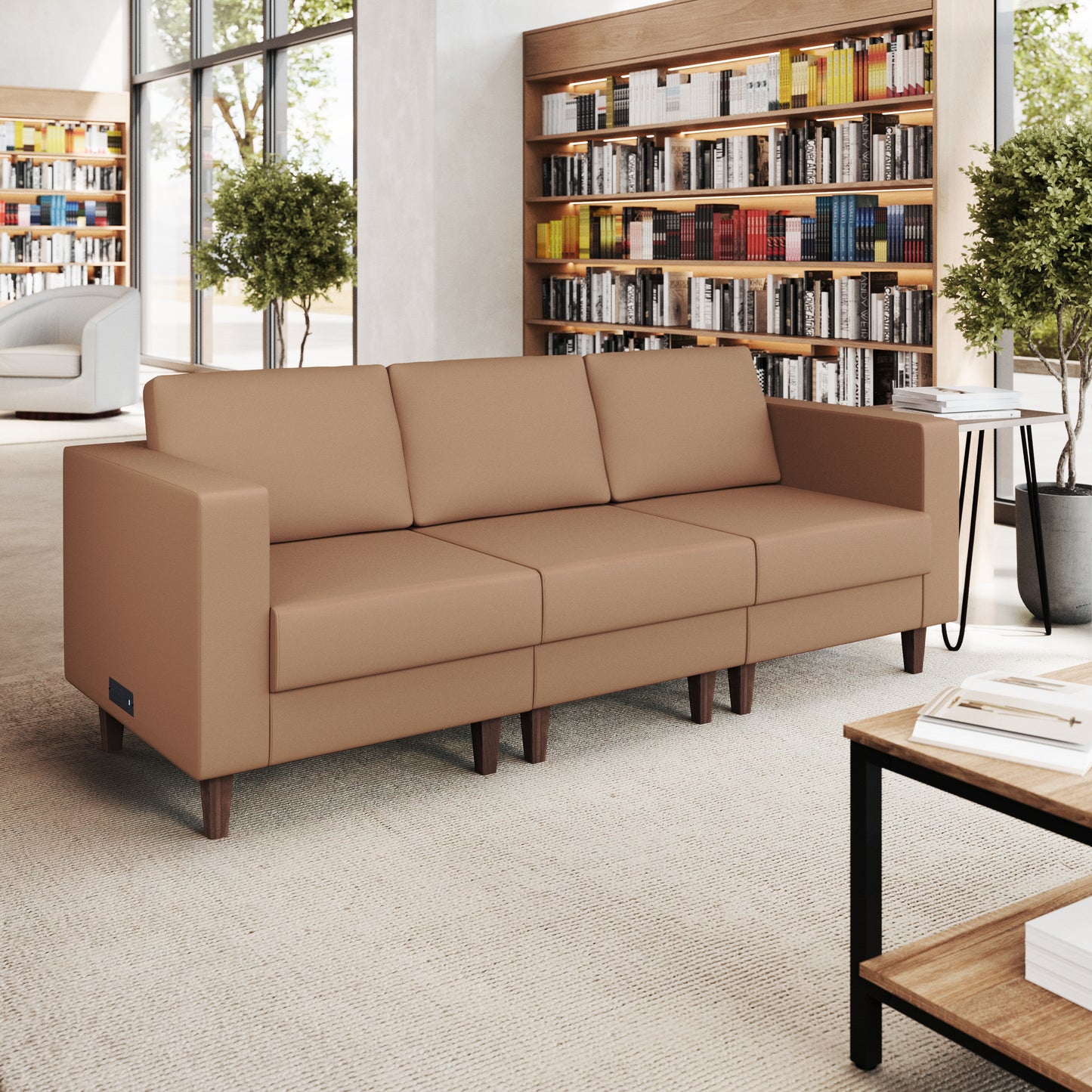 HERCULES Artemis Cognac LeatherSoft Reception Sofa with 4 AC Outlets/2 USB/2 USB-C Ports and Solid Wood Walnut Legs with Adjustable Floor Glides